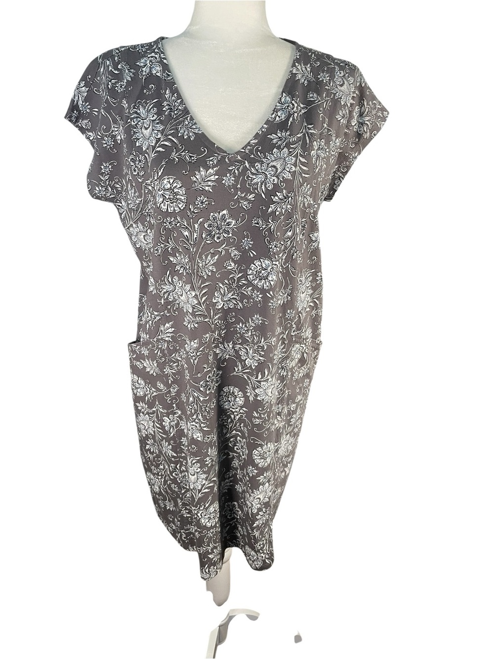 J. Jill Pure Jill Easy Knit Two-Pocket Dress Gray Floral 100% Cotton Size MP